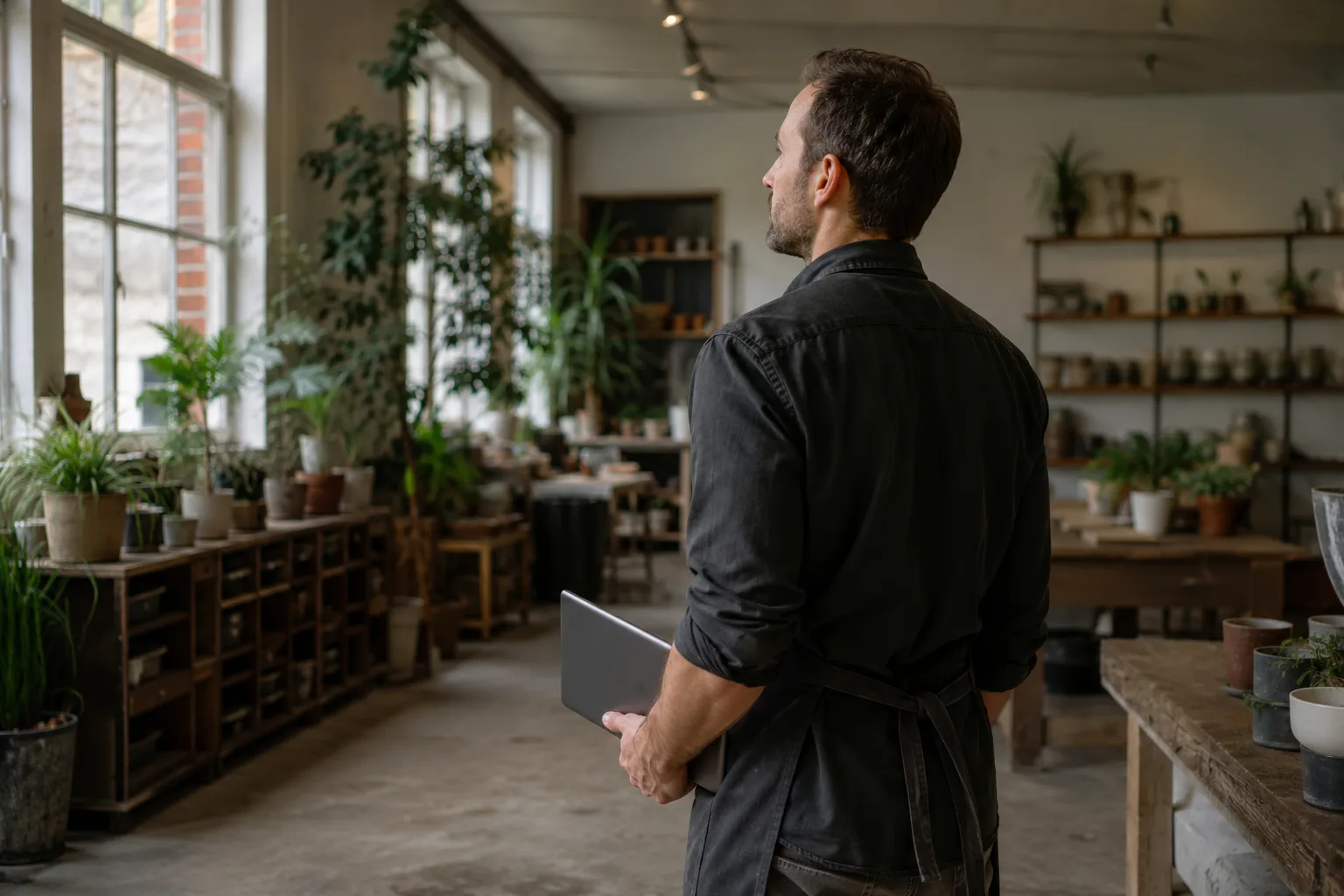 Business Owner Reviewing Performance Small business owner holding a tablet and looking across his independent workshop.